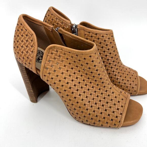 Vince Camuto Tan Prisha Moon Shaped Stacked Heels Zipper Perforated Shoes Size 7 - Picture 3 of 9